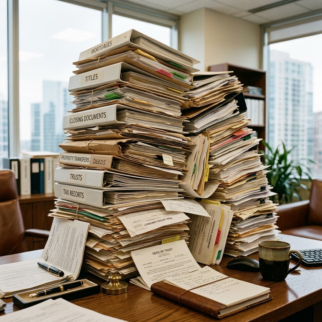Overwhelming traditional real estate paperwork stack on a modern desk